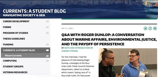 A screenshot reflecting a recent story on diversity in marine and environmental affairs written on the student blog Currents.