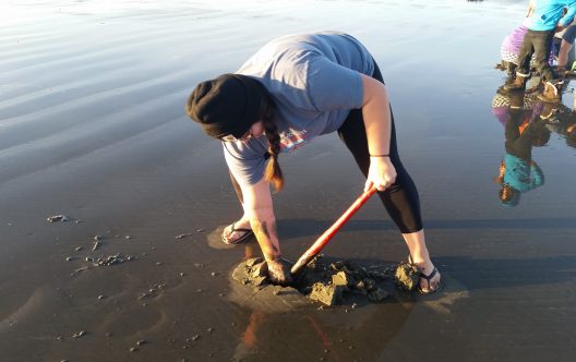 A woman wearing a knit hat, gray t-shirt, and leggings, is seen bent over at the waist digging in the sand with a shovel. The wooden handle of the shovel is short, only 2 feet or so.