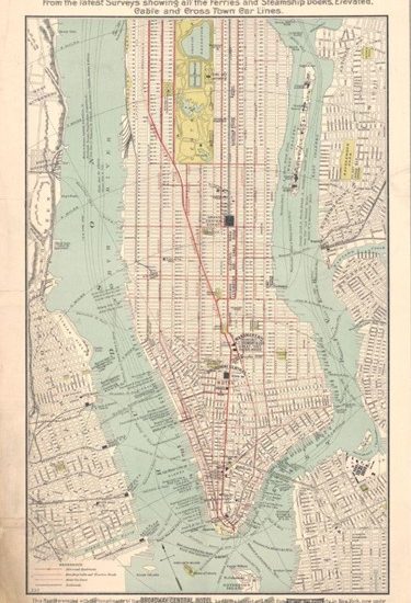 Alt text: A 1890 hotel map shows Manhattan, with the waterfronts of New Jersey, Brooklyn, and Queens along the border. The public transit lines of the time, both on land and along the two rivers, are laid out in detail.