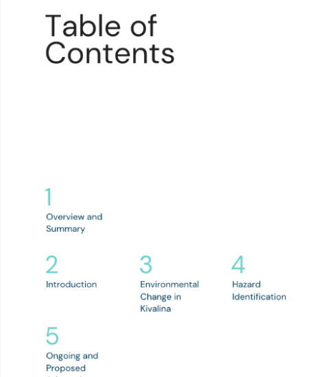 the table of contents page for our strategic plan including chapter 1 (overview and summary), chapter 2. (introduction), chapter 3 (environmental change in Kivalina), chapter 4 (hazard identification), and chapter 5 (ongoing and proposed adaptation).