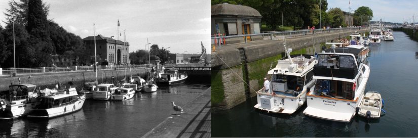 Left-Small boats line up along the Locks in 1985, tied and ready to be moved. Right-Small boats line up along the Locks in 2014, tied and ready to be moved.