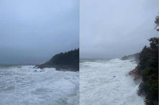 Churning, white and foamy ocean pounds a granite shoreline.