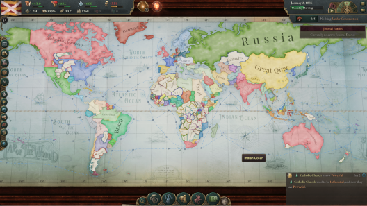 This picture shows an in-game screenshot of the map. It is zoomed out all of the way and covers the globe. It shows a rough map of the territories of 1836. Some areas are countries, others are territories, and other areas are as yet uncolonized.