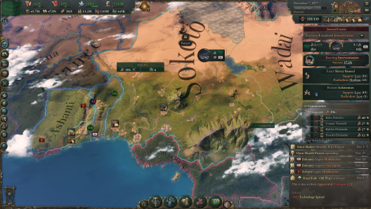This picture shows a zoomed in screenshot of a player-led version of the Sokoto Caliphate in the in-game date 1877. The expanse of the empire covers modern day Nigeria, Cameroon, Chad, and Niger. The rest of the screenshot displays how the player was able to prevent European colonization by the French and British, who were held, respectively, to the regions of modern day Burkina Faso, south Nigeria and south Cameroon