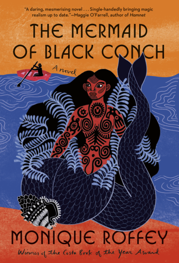 The book cover of "The Mermaid of Black Conch". A illustration of a tattooed mermaid in the ocean with a sailor in the background.