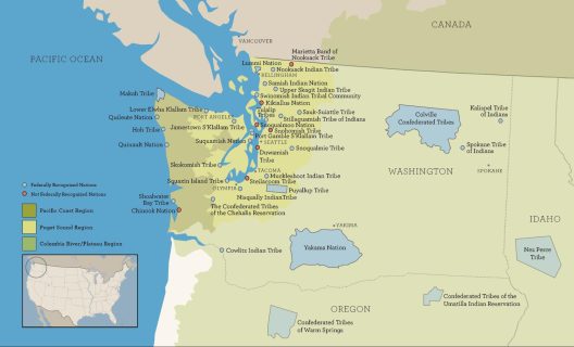 This zoomed in map of the Pacific Northwest illustrates the Native Nations and their geographic locations in Washington, northern Oregon, and western Idaho.