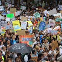 A large group of young people protest climate change and carry signs that read "One Earth One Chance" and "Climate Action Now" among others.