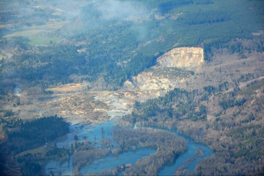 On a foggy morning, the sunlight illuminates miles of conifer trees and the freshly tilled soil of the Oso landslide that now impedes the meandering Stillaguamish River.