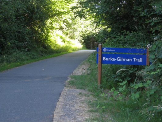 An empty trail with vegetation on both sides and a King County Burke-Gilman Trail sign on the right.