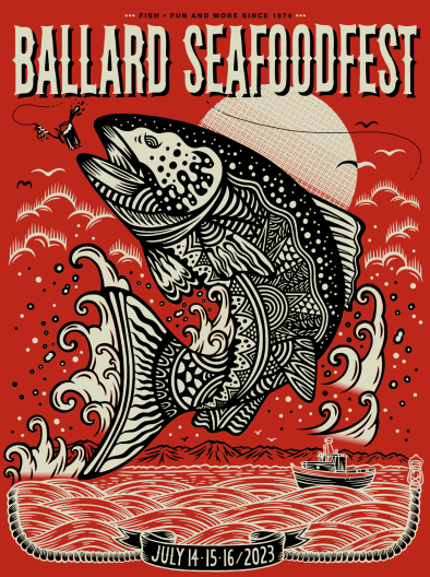 A Ballard SeafoodFest flyer with an artistic salmon jumping out of the water and dates July 14.15.16/2023 on the bottom.