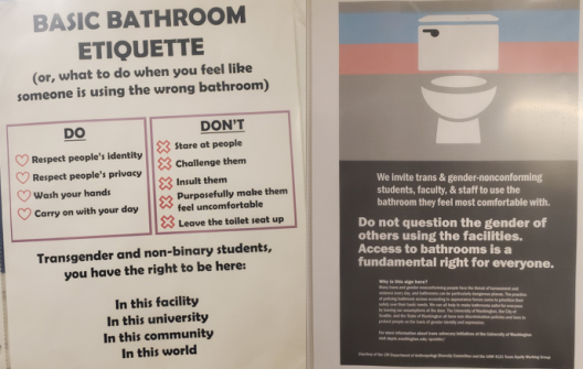 image displays two signs: Right Image: Displayed inside every bathroom, this sign has been designed to inform users on popper bathroom etiquette in gender-inclusive bathrooms. Left image: This is one of the signs you’ll see outside of the Marine Studies Building bathrooms inviting users to use whichever bathroom is most comfortable for them