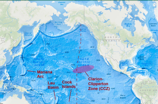 A map showing the Pacific ocean, North America, and parts of South America, Asia, and Oceania. The location of the Clarion Clipperton Zone is circled in purple.