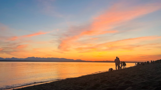 a beautiful sunset of pinks, oranges and blues reflected on the waters of the Puget Sound with the Olympic Mountains in the background. Many have paused to take in the beautiful scenery with loved ones.