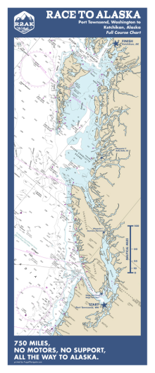 A map of the Race to Alaska showing the Washington, British Columbia and southern Alaskan coast. The text at the bottom of the map reads, 750 miles, no motors, no support, all the way to Alaska.