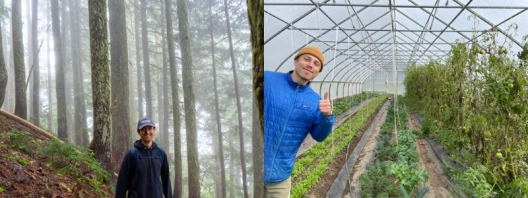 Left: Jack is hiking in a misty forest surrounded by moss-covered trees. Right: Luke is standing inside a green house and giving a thumbs-up where tomatoes, kale, and lettuce are growing.