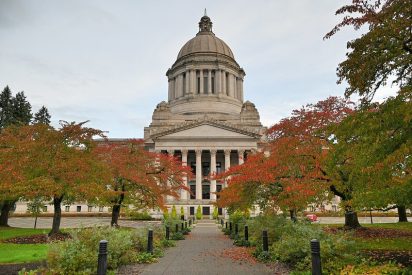 a tall white building with roman style columns and a dome looms in the background behind green and autumn red trees.