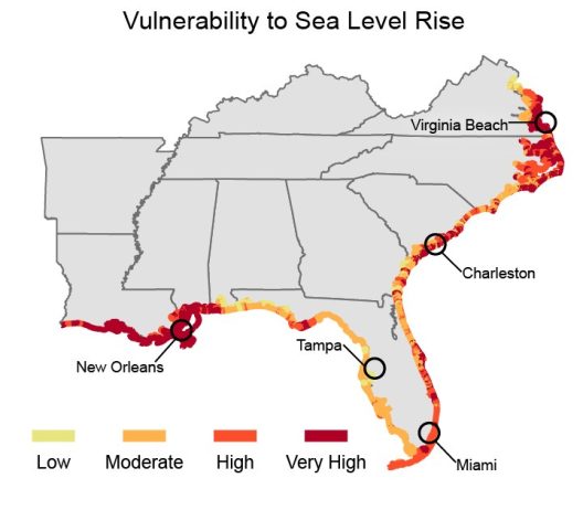 A figure titled, "Vulnerability to Sea Level Rise" shows a map of the southeast US and its coastline. It includes Arkansas, Louisiana, Mississippi, Alabama, Georgia, Florida, South Carolina, North Carolina, Virginia, Tennessee, and Kentucky. The Cities of Virginia Beach, VA, Charleston, SC, Miami, FL, Tampa, FL, and New Orleans, LA are circles and pointed out. Colored dots of yellow, pale orange, dark orange, and red cover the coastline showing where vulnerability is low, moderate, high, or very high, respectively. Most of the coastline is moderately vulnerable. The very high vulnerability areas are the Louisiana coast, the Mississippi coast, the southeastern Florida coast, and the barrier islands of South Carolina, North Carolina, and Virginia.