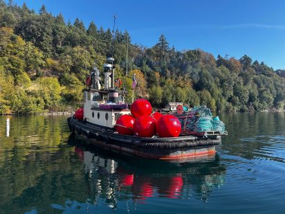 A view from one boat to another on a sunny fall day. The weathered tugboat shown has a back deck full of big bright red buoys, rope, and other materials for rigging and installing a kelp aquaculture site.