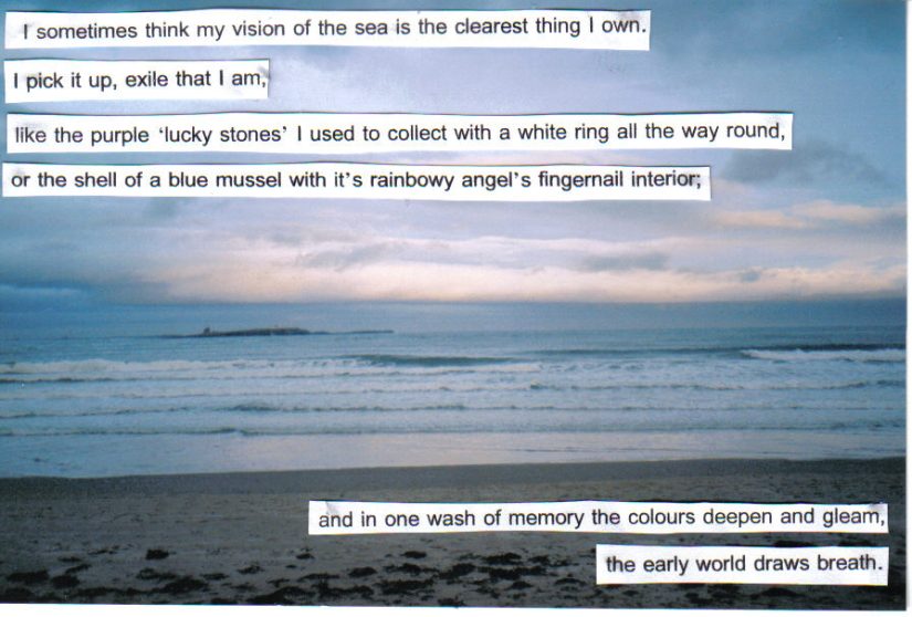 A muted sunset with lines from Ocean 1212-W cut out and pasted over the top of the photo. The lines read: I sometimes think my vision of the sea is the clearest thing I own. I pick it up, exile that I am, like the purple 'lucky stones' I used to collect with white ring all the way round, or the shell of a blue mussel with it's rainbowy angel's fingernail interior; and in one wash of memory the colors deepen and gleam, the early world draws breath.