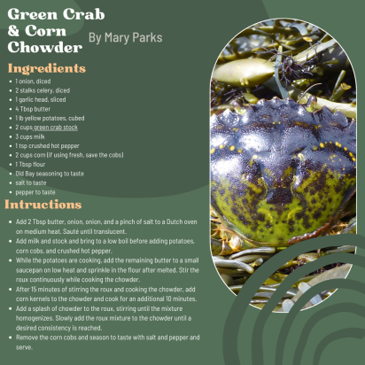 A graphic describes a recipe for green crab.