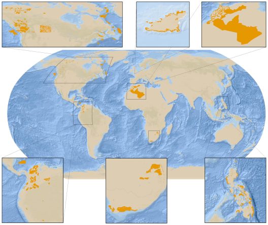 A global map highlighting other effective area-based conservation measures (OECM) in orange around the world. Detailed inset maps for six regions illustrate the small ratios of OECM areas compared to non protected areas.