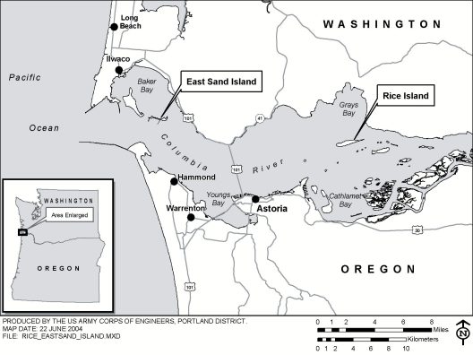 Black and white map of the Oregon and Washington coastline, showing the mouth of the Columbia river. The locations for East Sand Island, Rice Island, Miller Sands, and Pillar Rock Island are denoted.