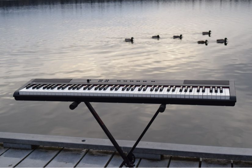 An electric keyboard set up on a dock by a lake with six ducks swimming in the background.