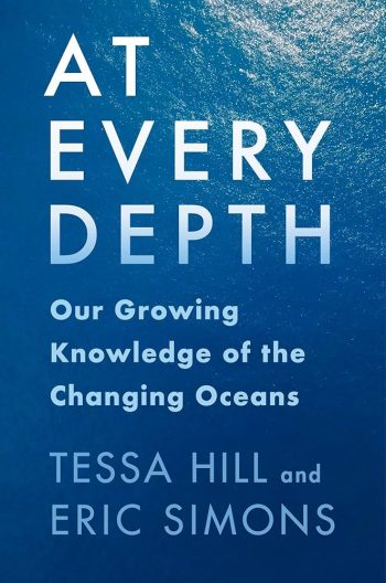 The book cover of "At Every Depth" with text superimposed on a blue background of the sea.