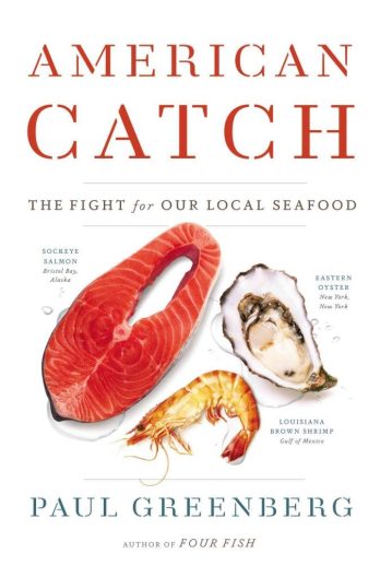 The book cover of "American Catch" showing a slice of sockeye salmon, shucked oyster, and shrimp.