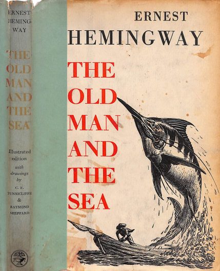 The book cover of "The Old Man and the Sea" showing a swordfish.