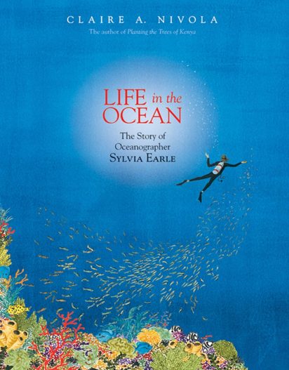The book cover of "Life in the Ocean" showing a SCUBA diver in the sea surrounded by coral and a shoal of fish.