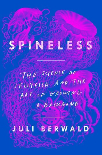 The book cover of "Spineless" showing bright pink illustrations of jellyfish.