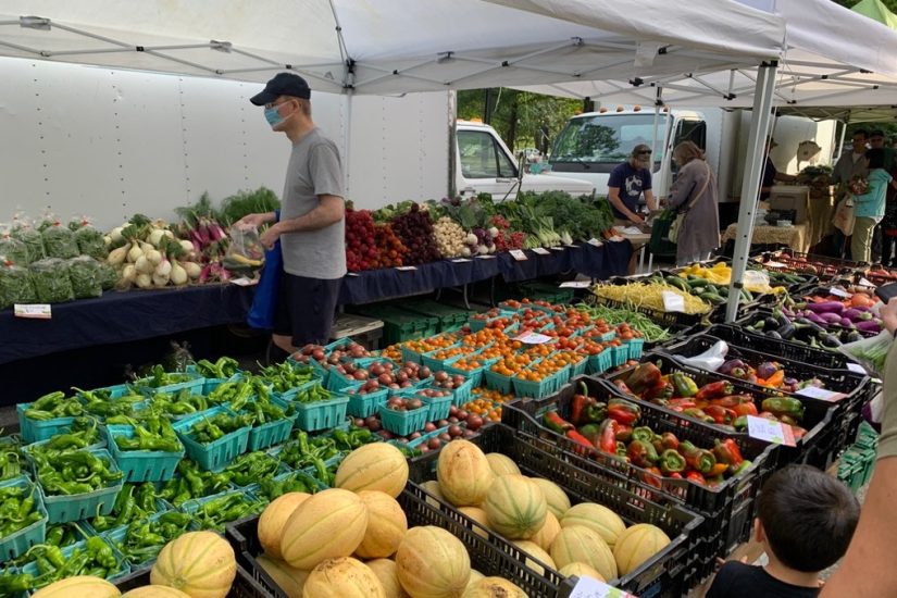 A display of fruits and vegetables at a farmer's market. Melons, peppers, tomatoes, leafy greens and more sit in cartons and crates as onlookers browse and shop under an awning.