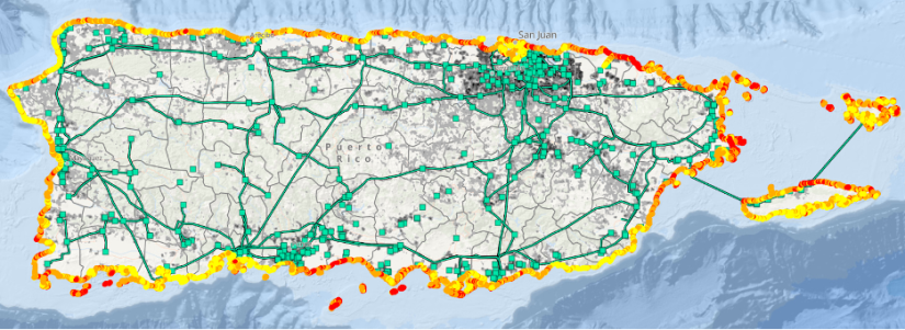 Map of Puerto Rico that shows population density, energy infrastructure (both concentrated around San Juan), and coastal hazard risk. Risk varies along the shoreline from least exposed in yellow to most exposed in red.