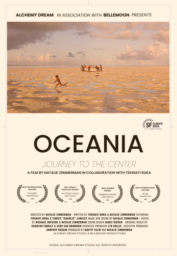 Poster for a film titled "Oceania: Journey to the Center" features a sandy landscape with people in the distance. Awards are highlighted at the bottom.