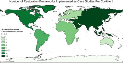 World map showing "Number of Restoration Frameworks Implemented as Case Studies Per Continent." Darker greens indicate more case studies, from 1 to over 24.