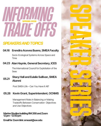 Event poster titled "Informing Trade Offs" for Spring 2026 Speaker Series. Features speaker dates and topics on the left, floral background, and "Speaker Series" in bold yellow on the right.