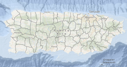 Map of Puerto Rico showing municipalities with labeled cities, including San Juan, Mayaguez, and Ponce. Terrain and ocean depth are also depicted.