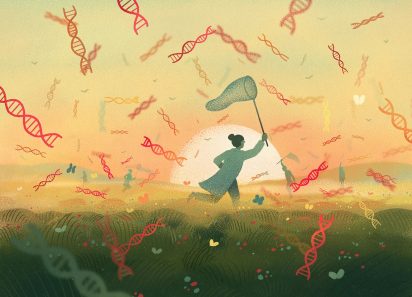 A person runs with a net through a grassy field at sunset, catching colorful, flying DNA helixes and butterflies, conveying curiosity and discovery.