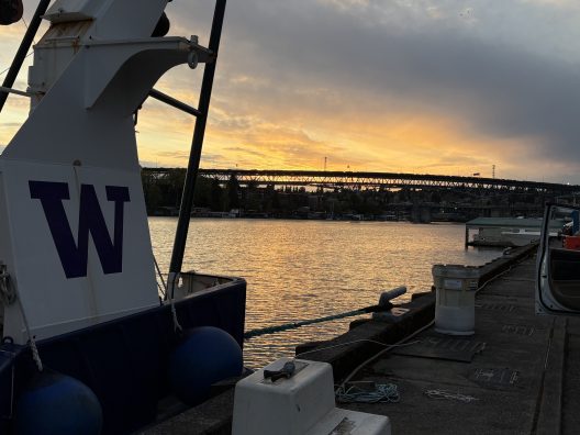 Sunset over a calm river with a large "W" on a boat in the foreground. A bridge spans the background under a sky with warm orange hues. Serene atmosphere.
