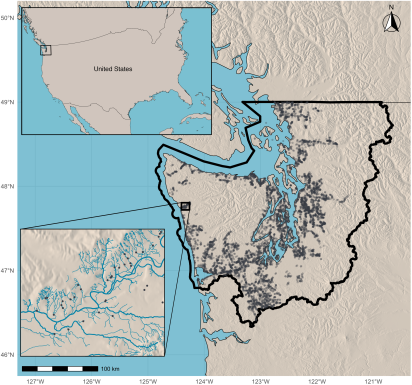 Map centered on northwestern Washington State with insets showing U.S. location and regional river systems. Marked areas highlight dense regions.