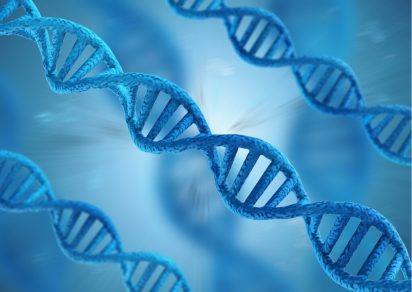 Blue DNA double helices twist across a softly blurred cyan background, evoking genetics, scientific discovery, and the intricate structure of life.